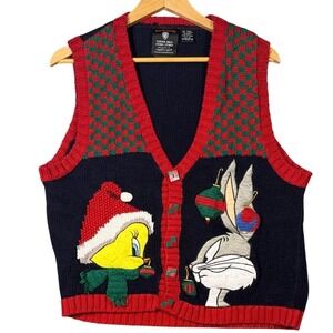 Looney Tunes Bugs Bunny Tweety Ugly Christmas Sweater Vest XL Vintage 90s